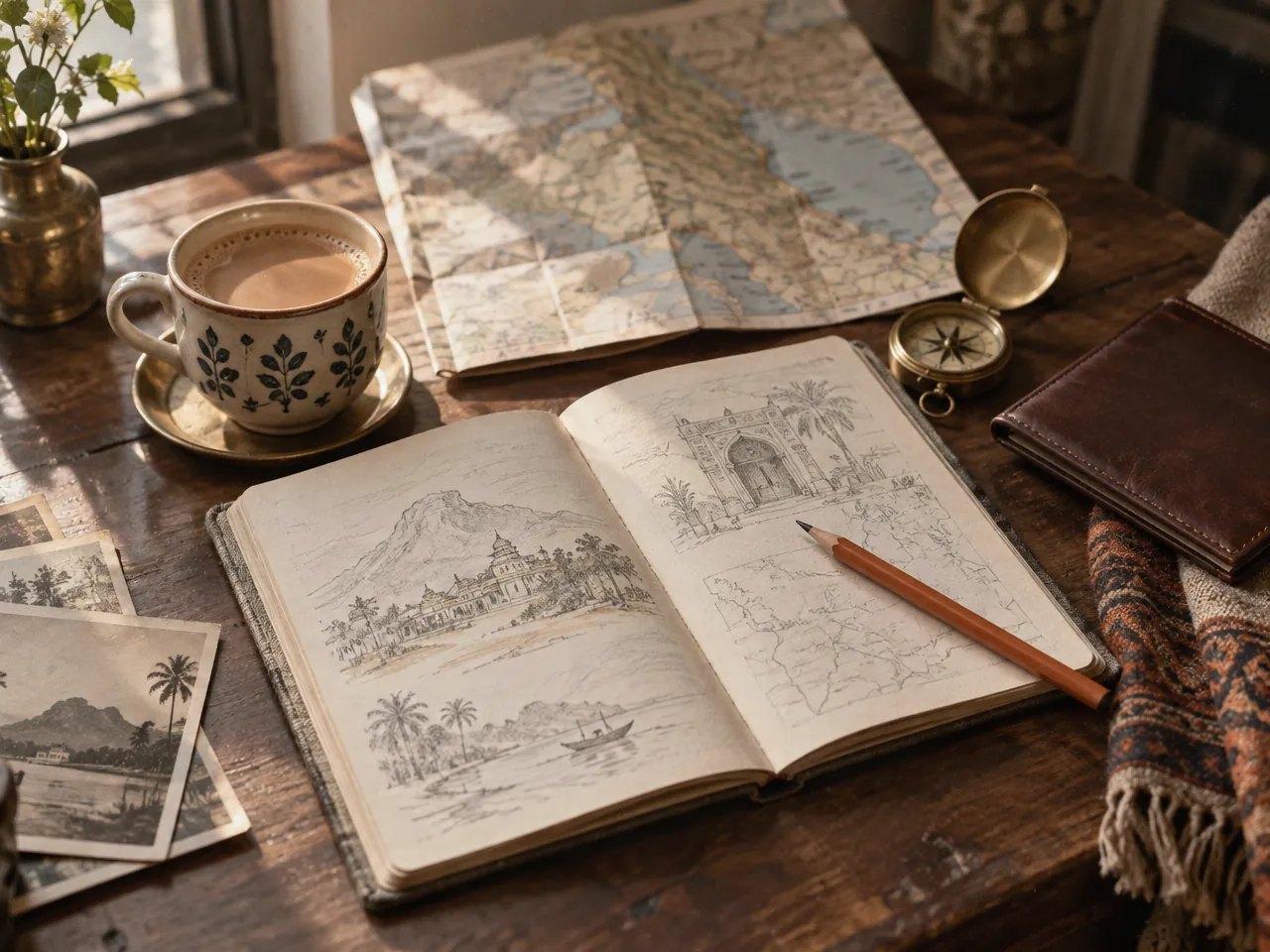 A travel sketchbook, a folded map, a compass and a cup of chai on a desk
