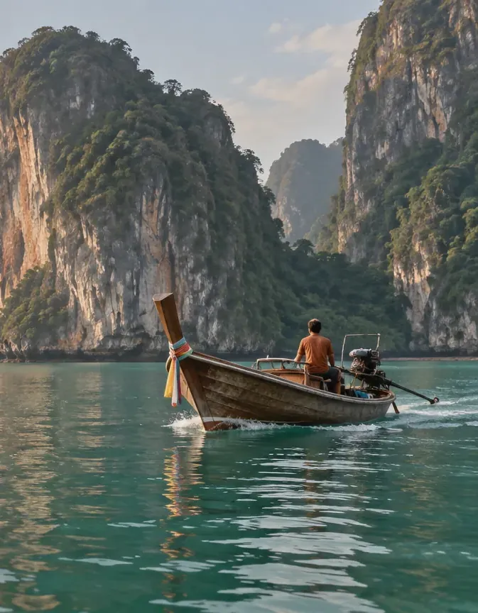 A longtail boat among limestone islands in Krabi